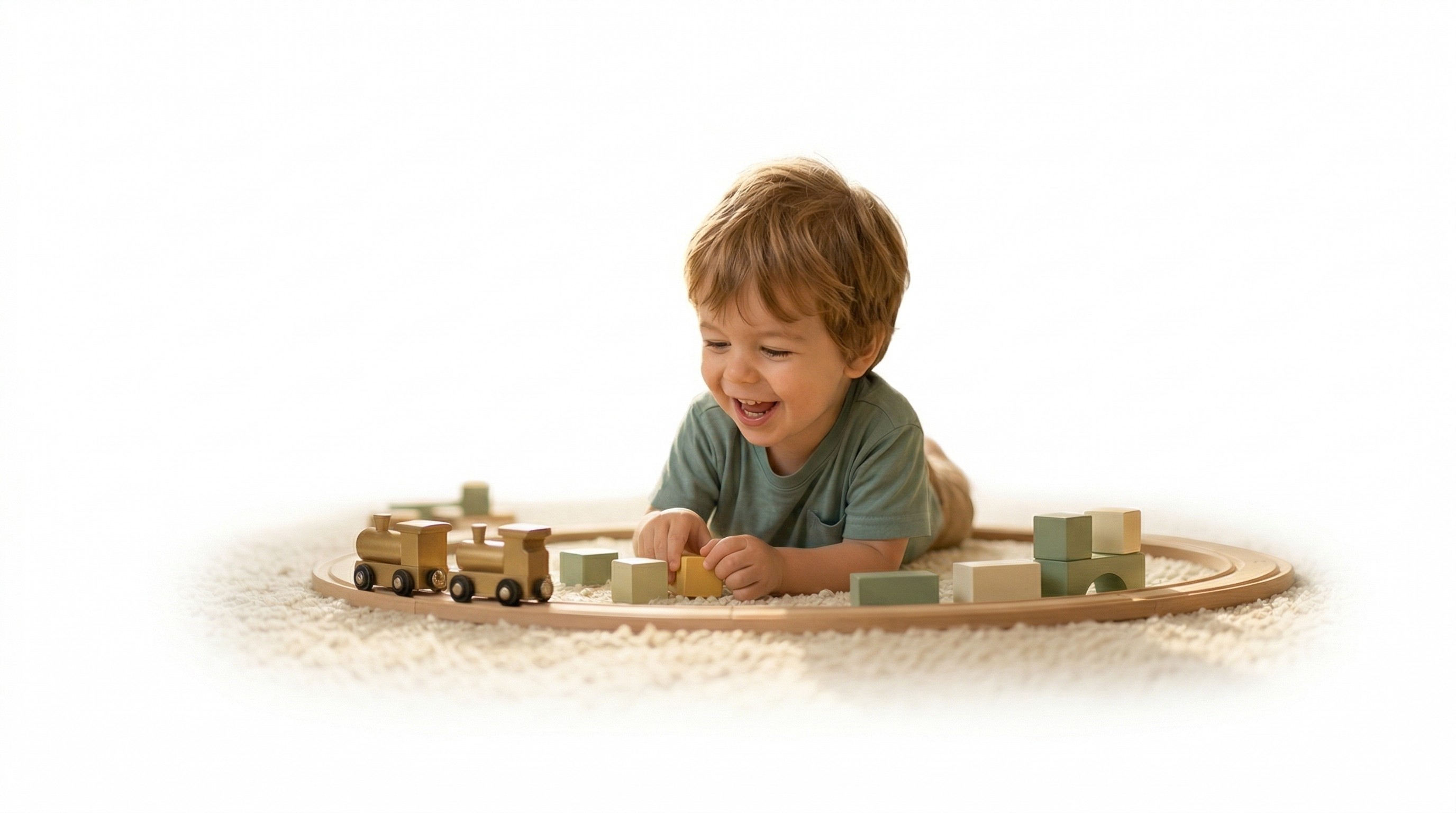 Child joyfully playing with wooden toy train